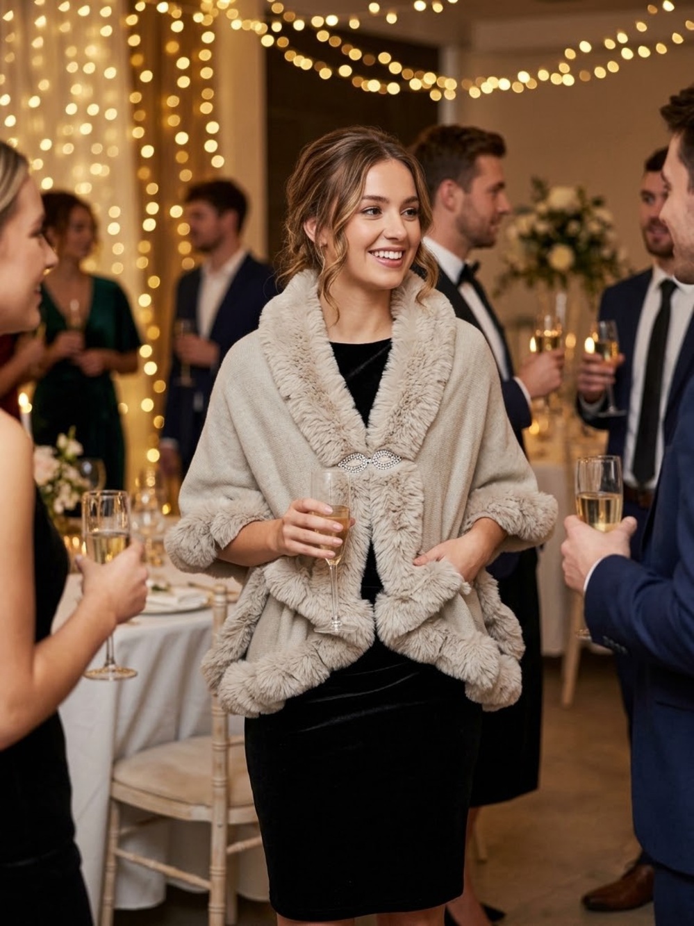 Elegant Women's Cream Faux-Fur Trim Cape Jacket